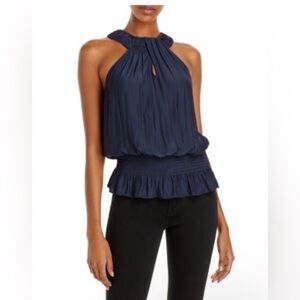 EUC Ramy Brook Rae Navy Smocked Waist Keyhole Blouse Retail $195